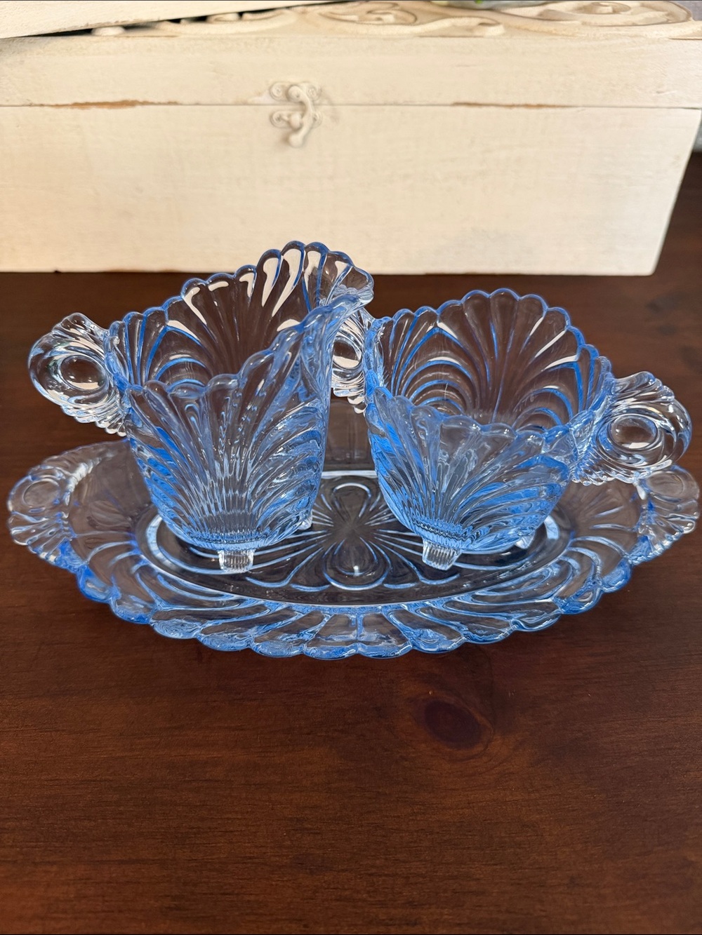 Vintage Cambridge Caprice Moonlight Blue Creamer Sugar & Tray Set 3pc